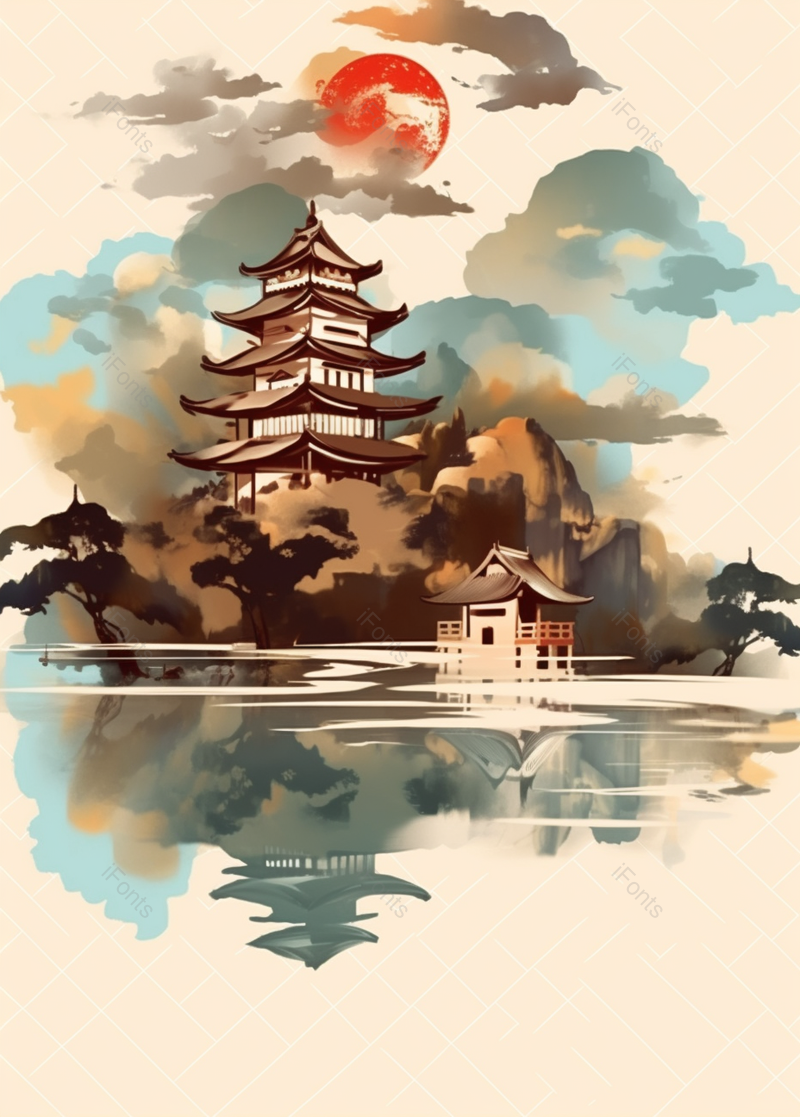 国潮古风插画古代建筑山水图简约背景,插画/手绘图,插画/手绘图库,插画/手绘图下载,插画/手绘